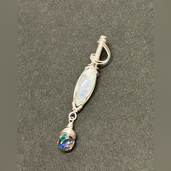 HANDMADE Moonstone and Crystal Hand Wrapped Dangle Pendant, Artisan Jewelry Gift - Picture 4 of 9